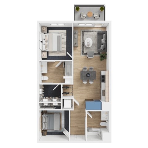 Floor plan for 2 beds, 2 baths, 985 sqft