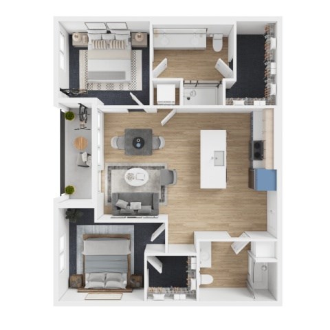 Floor plan for 2 beds, 2 baths, 966 sqft