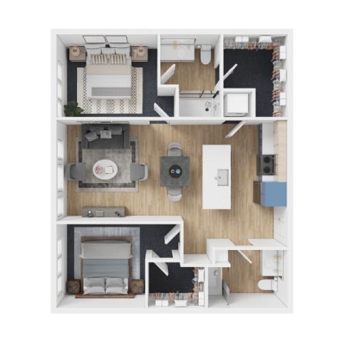 Floor plan for 2 beds, 2 baths, 1051 sqft