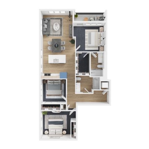 Floor plan for 3 beds, 2 baths, 1300 sqft