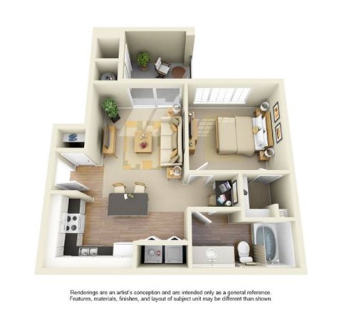 Floor plan for 1 bed, 1 bath, 701 sqft