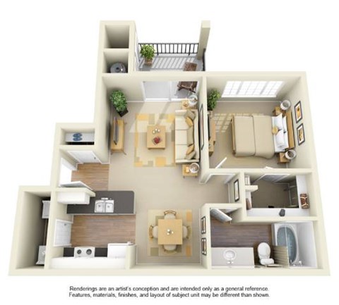 Floor plan for 1 bed, 1 bath, 727 sqft