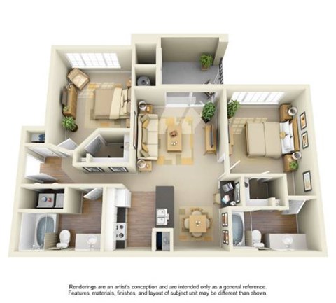 Floor plan for 2 beds, 2 baths, 1024 sqft