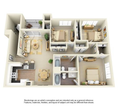 Floor plan for 3 beds, 2 baths, 1343 sqft