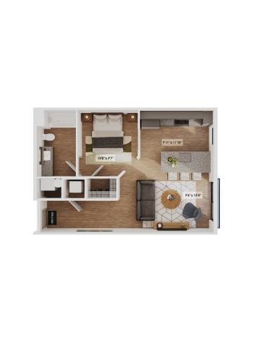 Floor plan for 1 bed, 1 bath, 603 sqft
