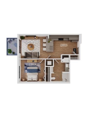 Floor plan for 1 bed, 1 bath, 649 sqft