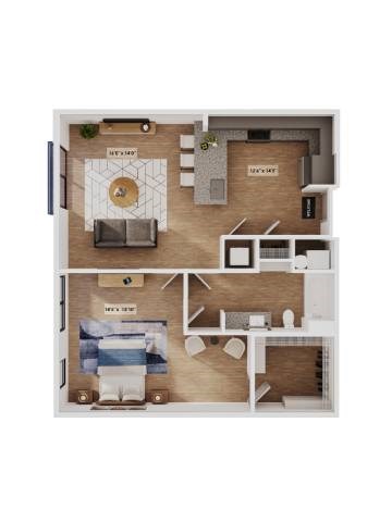 Floor plan for 1 bed, 1 bath, 858 sqft