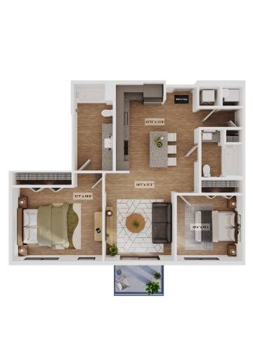 Floor plan for 2 beds, 2 baths, 1018 sqft