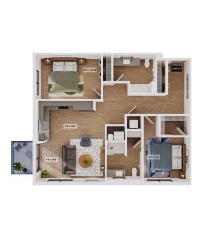Floor plan for 2 beds, 2 baths, 1080 sqft