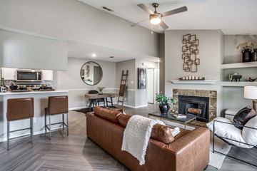 Austin apartment for rent - A living room with a brown couch and a fireplace.