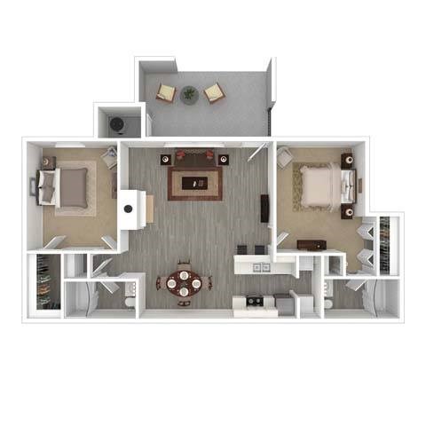 Floor plan for 2 beds, 2 baths, 934 sqft