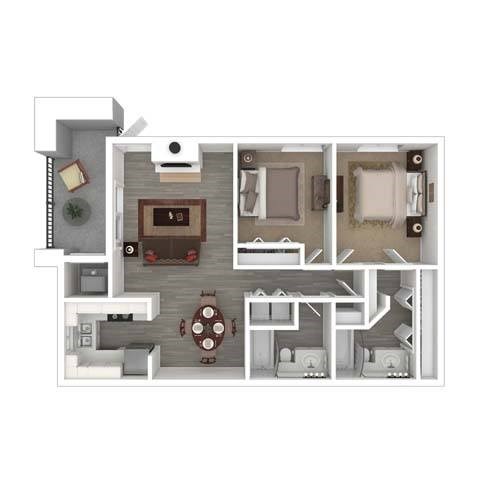 Floor plan for 2 beds, 2 baths, 988 sqft