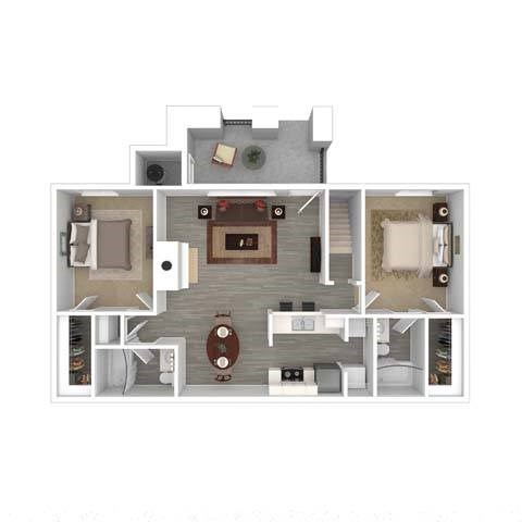 Floor plan for 2 beds, 2 baths, 1027 sqft