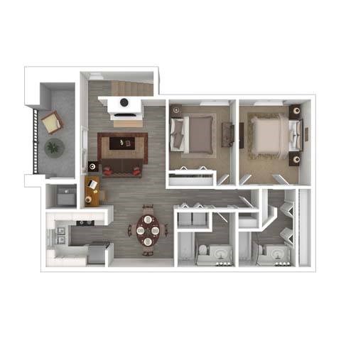 Floor plan for 2 beds, 2 baths, 1070 sqft