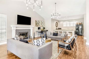 Austin apartment for rent - A modern living room with a grey sofa and a fireplace.