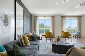 Salt Lake City apartment for rent - A living room with a grey couch and yellow chairs.