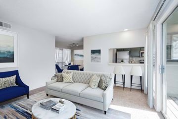 Plano apartment for rent - A living room with a blue couch and a white couch.