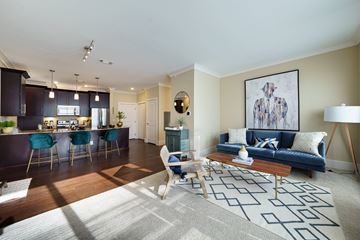 Hudson apartment for rent - A living room with a blue couch and a rug with a geometric pattern.