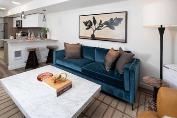 Shoreline apartment for rent - A living room with a blue couch and a painting on the wall.