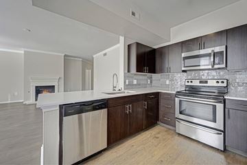Denver apartment for rent - A modern kitchen with dark wood cabinets and stainless steel appliances.