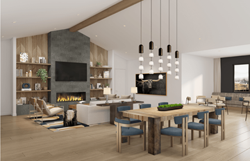 Littleton apartment for rent - A modern dining room with a fireplace and a large painting on the wall.