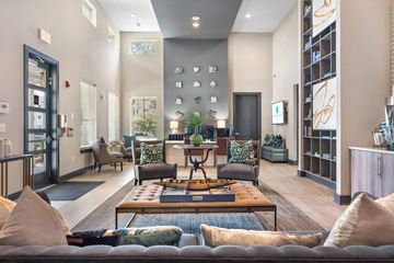 Summerville apartment for rent - A modern living room with a dark grey sofa and a wooden coffee table.