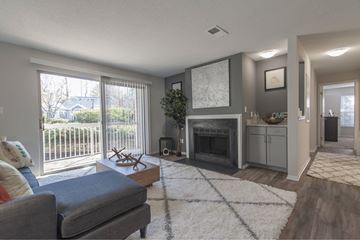 Fairfax apartment for rent - A living room with a grey couch and a white rug.