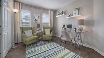Charlotte apartment for rent - A living room with a striped rug and a green chair.
