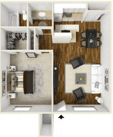 Floor plan for 1 bed, 2 baths, 625 sqft