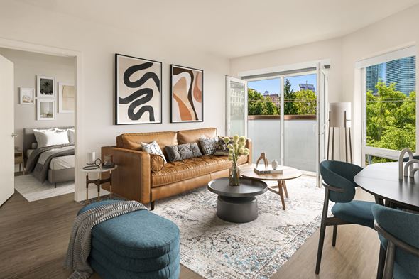 Seattle apartment for rent - a living room with a couch and a table