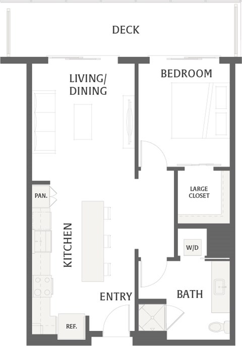 Floor plan for 1 bed, 1 bath, 789 sqft