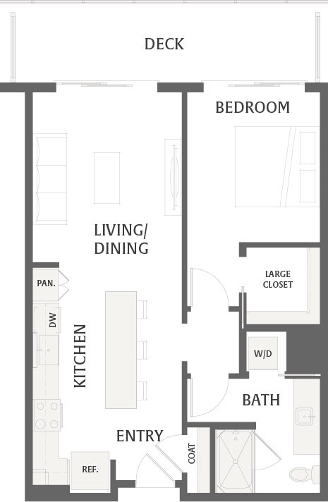 Floor plan for 1 bed, 1 bath, 789 sqft