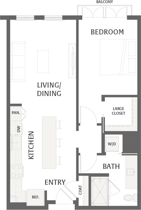 Floor plan for 1 bed, 1 bath, 822 sqft