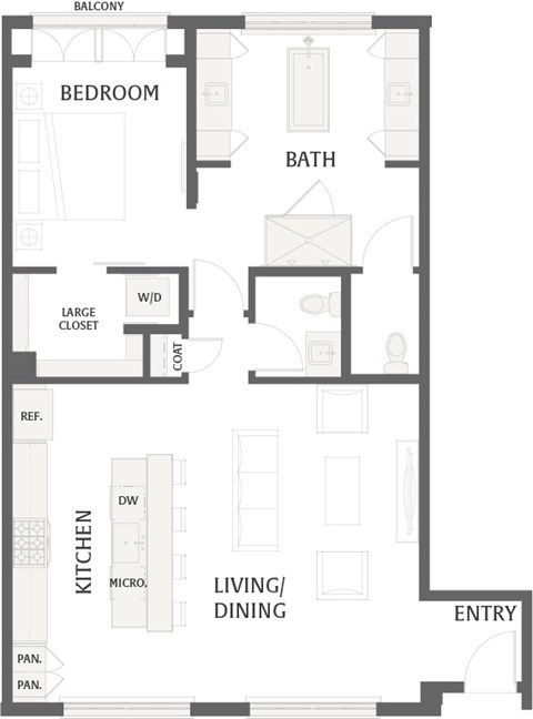 Floor plan for 1 bed, 1 bath, 1079 sqft