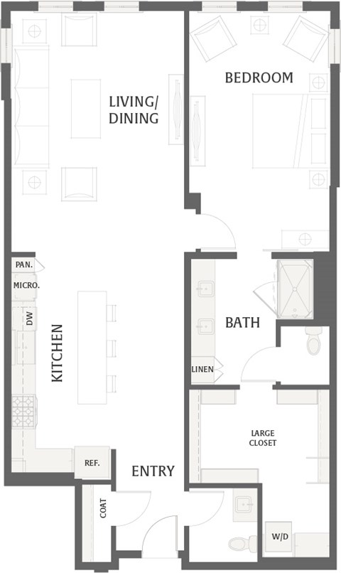 Floor plan for 1 bed, 1 bath, 1350 sqft