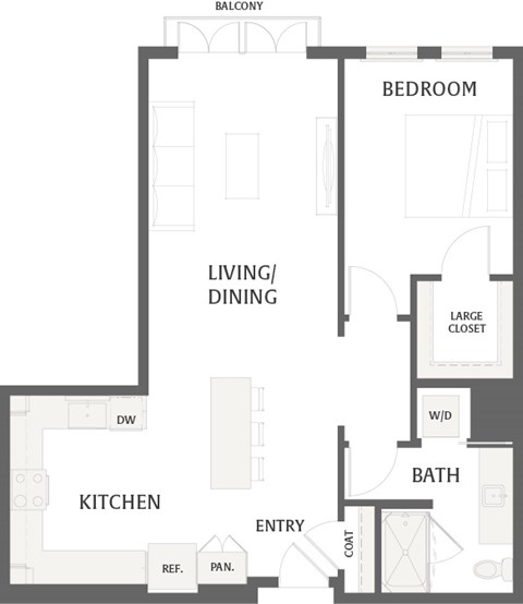 Floor plan for 1 bed, 1 bath, 942 sqft