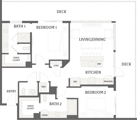Floor plan for 2 beds, 2 baths, 1222 sqft