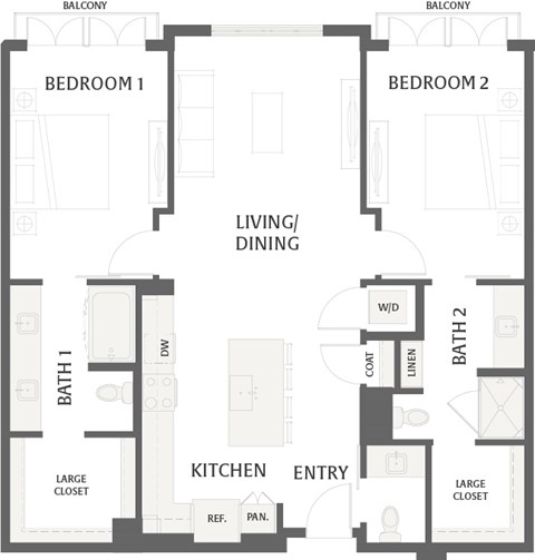Floor plan for 2 beds, 2 baths, 1252 sqft