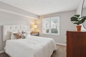 Louisville apartment for rent - A bedroom with a large bed and a potted plant on a dresser.