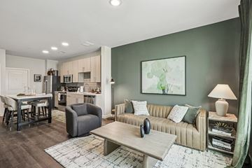 Charlottesville apartment for rent - A modern living room with a grey sofa and a grey armchair.