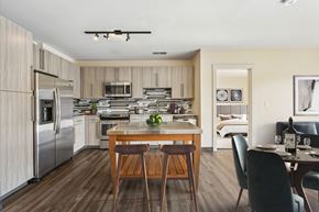 Washington apartment for rent - Luxury apartment kitchen with modern cabinetry, stainless steel appliances, and a center-island with barstools.