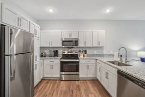 Hampton apartment for rent - A modern kitchen with stainless steel appliances and wooden floors.