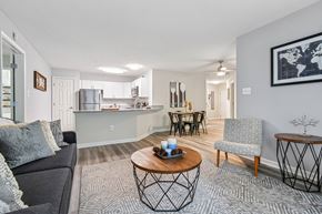 Ellicott City apartment for rent - A living room with a grey couch, a coffee table, and a chair.