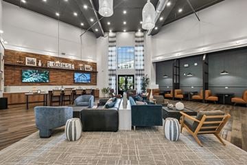 Charlotte apartment for rent - A modern living room with a grey sofa set and a wooden chair.