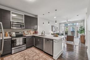 Charlotte apartment for rent - A modern kitchen with dark wood cabinets and stainless steel appliances.