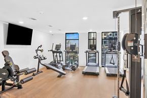 Brentwood apartment for rent - A gym with a variety of equipment including treadmills, weights, and a television.