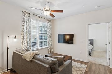 Virginia Beach apartment for rent - A living room with a grey couch and a ceiling fan.