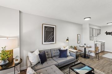 Madison apartment for rent - A living room with a grey couch, a coffee table, and a painting on the wall.