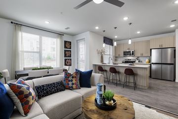 Pflugerville apartment for rent - A modern living room with a grey sofa and a wooden coffee table.