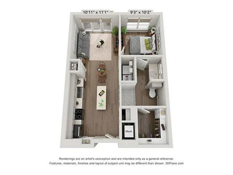 Floor plan for 1 bed, 1 bath, 632 sqft